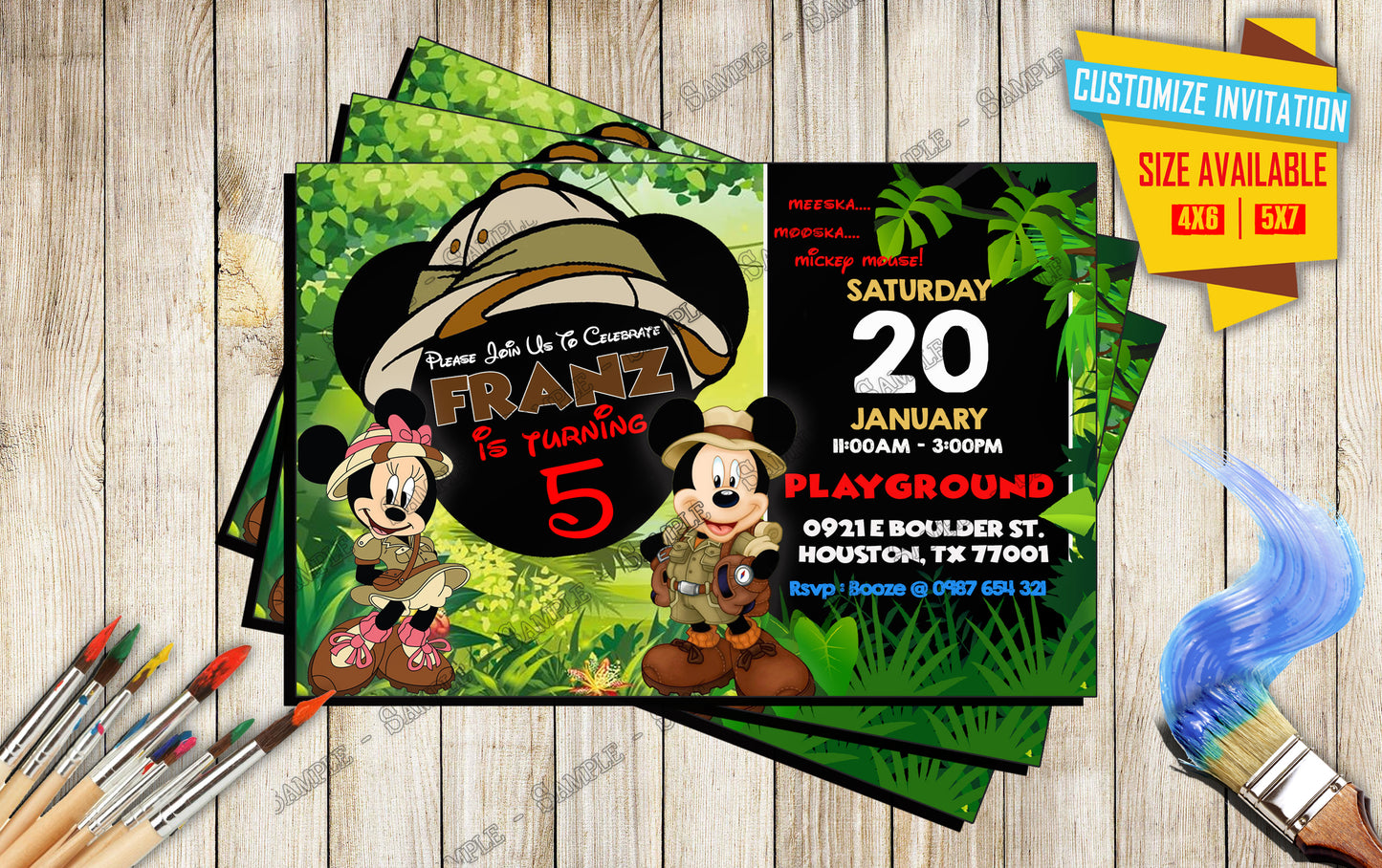 Mickey and friends Safari Birthday Invitation V1